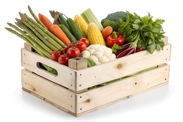 A wooden crate filled with a variety of fresh vegetables.