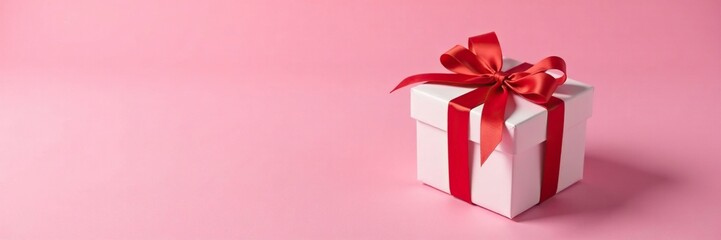 Gift box wrapped in white paper with red ribbon on pink background, birthday, gift idea, ribbons