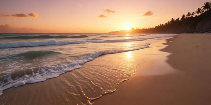 The beach at sunset with a warm orange glow and waves gently lapping against the shore on Pampatar Beach, warm+orange, sunset