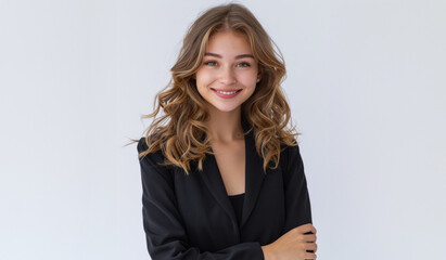 Obraz premium Her black attire, set against a white background, showcases a respectful and poised style ideal for formal settings.