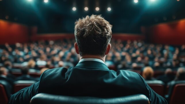 In a dimly lit auditorium, a man in a suit observes the audience, contemplating the energy in the room, his poised demeanor reflecting the anticipation of an impactful presentation.