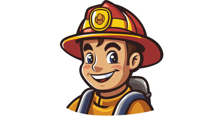 Obraz premium Cheerful Young Boy Dressed as a Firefighter with Bright Red Helmet and Smiling Face, Illustrating Courage and Adventure in Children's Imagination and Playtime Fun