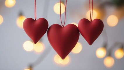 Three heart-shaped ornaments, painted a deep red, hang from red ribbons against a backdrop of warm, glowing lights. 