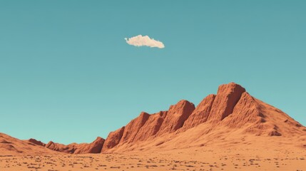 Fototapeta premium Minimalist desert landscape with single cloud and orange mountains under a blue sky.