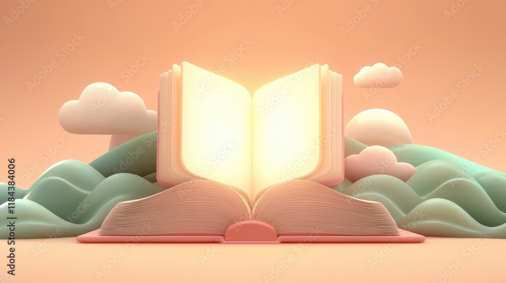 Poster concepts of mental health and digital wellbeing. a glowing open book surrounded by stylized clouds a