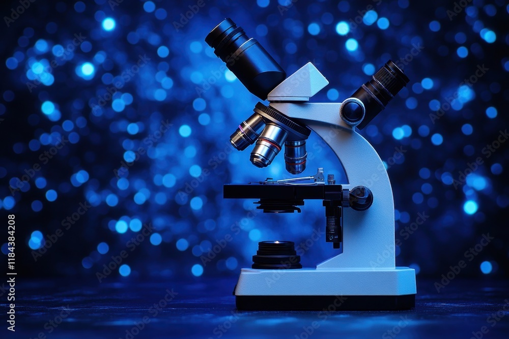 Poster microscope with blue bokeh background in laboratory setting at night