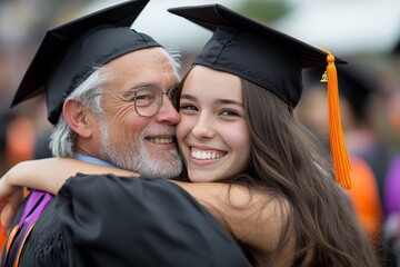 Fototapeta premium Happy graduate student embraces her father after graduation ceremony. Generative AI