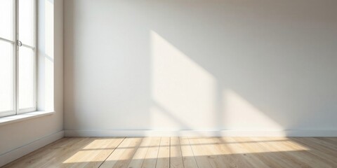 Fototapeta premium Sunlight streams into a minimalist room with hardwood floors and a bright white wall