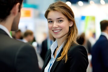 Fototapeta premium A young woman, full of enthusiasm, presents a new product at a crowded trade show, highlighting the momentum of a successful debut.