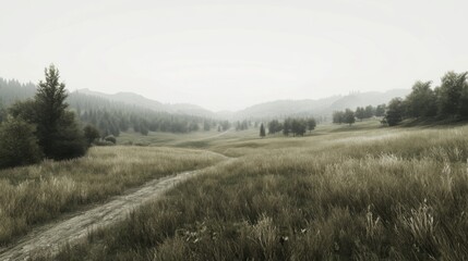 Misty valley landscape with grassy field and dirt road.