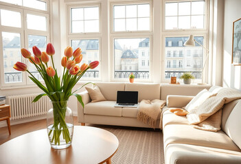 Vase with tulips and book on the table in a cozy Nordic living room