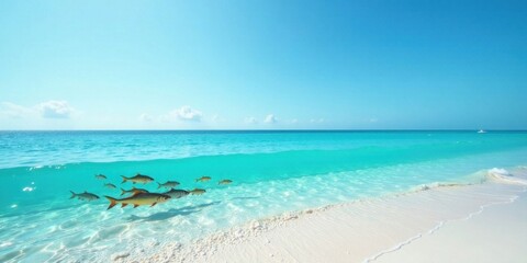Tropical Ocean Scene  Fish Swimming in Crystal Clear Turquoise Water Near a Pristine White Sand Beach