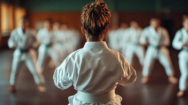 A powerful scene showcases a young martial artist concentrating deeply while practicing karate moves with fellow students in an inspiring training environment.