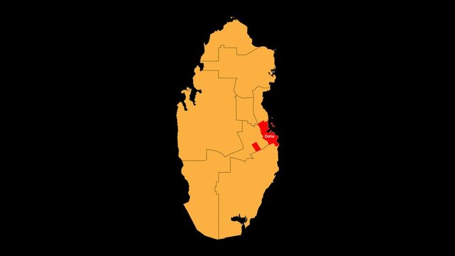 Doha  map animated video. The location is highlighted on the Qatar map. Colour map with transparent background in video format.	
