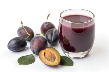 Prune juice in clear glass isolated on white background