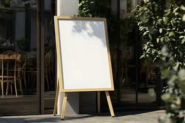 A blank white A2 poster mockup on an easel outside the entrance to a cafe, with a wooden frame, shadows, and sunlight, in an ultra-realistic style