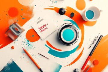 Obraz premium A stylized drawing of a desk with scattered papers and a prominently displayed 