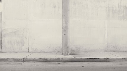 Monochrome photo of a sidewalk, concrete wall, and pole.