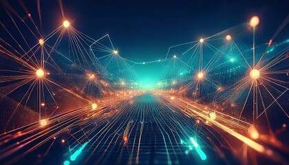 Fototapeta premium Artificial intelligence digital network with interconnected nodes and lines graphic technology background