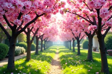 Early spring morning with pink flowering trees in full bloom, green leaves, garden, nature