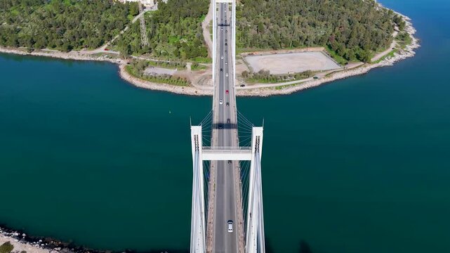 Aerial view of the new Evripus suspension bridge connecting the mainland and the city of Chalkida, Euboea island, Greece