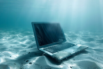 Abandoned laptop in tranquil underwater ocean setting