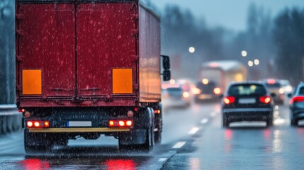 Rainy Highway Scene with Lorry Overtaking Cars