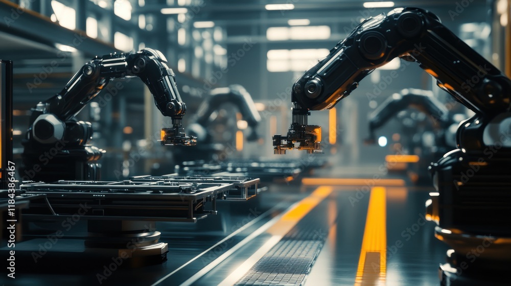 Poster automated manufacturing: robotic assembly line in modern factory