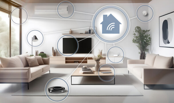 Smart home automation. Remote controls devices connected on wi-fi network. Technology applications