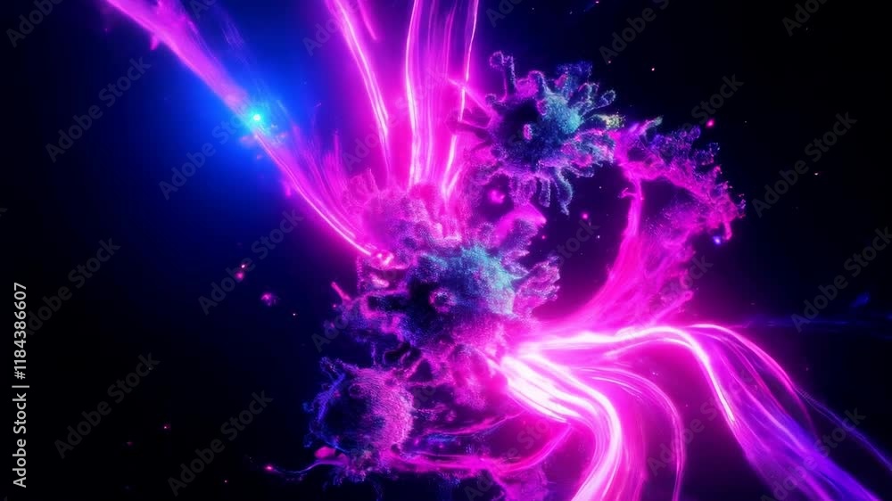 Poster abstract viral particle microscopic image neon glow 3d render science technology