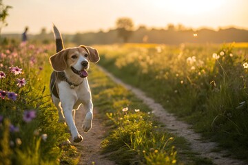 A cheerful beagle running joyfully through a sunlit meadow filled with wildflowers, embodying happiness and freedom.