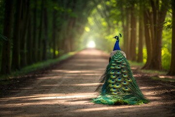 A peacock standing on the rural  road to the forest.