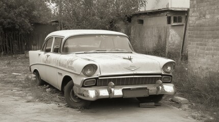 Old, weathered vintage car parked in overgrown yard.