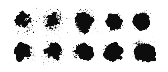 Set of black paint splashes, blots isolated on white background. Ink stains with drops, grunge abstract set, spray splashes. Vector illustration