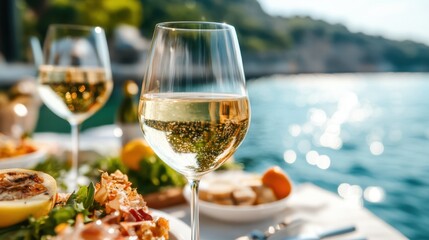A beautifully arranged dining table with glasses of white wine set against a picturesque water view, inviting relaxation and enjoyment of fine food and nature.