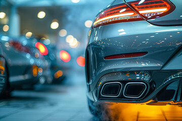 Fototapeta premium Luxury sports car with vibrant led tail lights and dual exhaust in urban setting