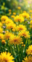 Fototapeta premium Vibrant yellow flowers of Allium moly blooming in the garden , golden lily, yellow flowers