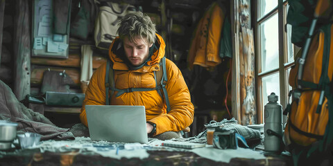 Young man working on laptop in cozy wooden cabin setting