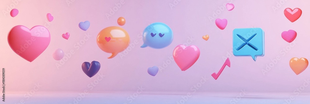 Poster colorful floating 3d chat bubbles hearts and arrows create a playful digital atmosphere filled with 