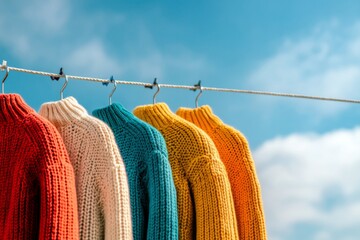 A row of colorful knitted sweaters hanging on a clothesline against a blue sky background. 