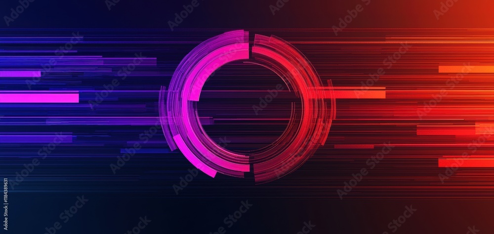 Poster A vibrant, abstract design featuring circular and linear patterns in purple and red, suggesting motion and digital connectivity.