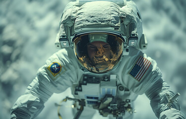 Astronaut performing a spacewalk in a breathtaking cosmic setting