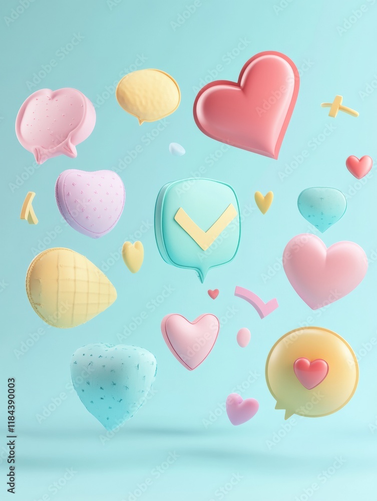 Leinwandbilder colorful floating 3d chat bubbles and hearts create a playful atmosphere in a creative digital space