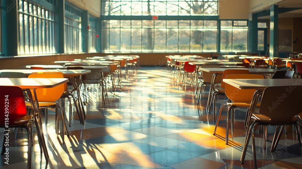 Poster bright and colorful empty classroom with tables and chairs in sunlight
