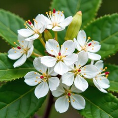 Clump of white hawthorn flowers with unique solitary red stamen, nature, botany