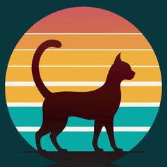 Cat Silhouette  Moon Retro Art Vector
