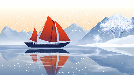 Ai generated illustration of an ancient vessel sailing on snowy sea. Frostleaf. Illustration