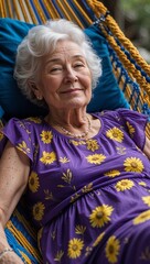 Obraz premium A grandmother in a purple sun dress with yellow flowersrelaxing on a hammock