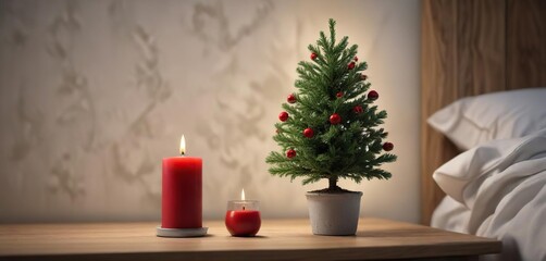 A small Christmas tree on a bedside table with a single red candle and a few snowflakes surrounding it, bedside table, cozy decor