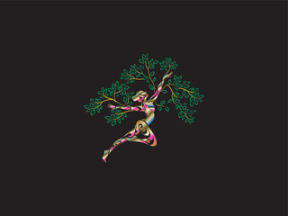 Abstract Human tree logo. Unique Tree Vector illustration with woman dancing woman pose